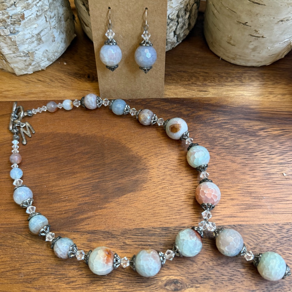 Artisan Agate Bead Necklace & Earrings Set Boho Coastal Statement